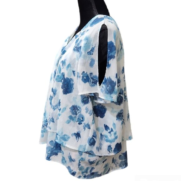 Juicy Couture Layered Ruffled V-Neck White/Blue Cold Shoulder Flowy Top XXL - Picture 4 of 9